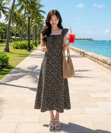 Women's Floral Small Flower Chiffon Puff Long Dress HH158