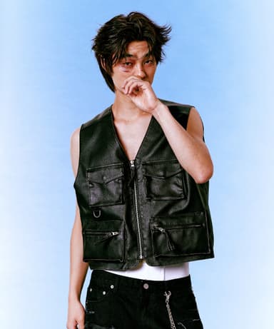 Black Leather Zipper Pocket Utility Vest