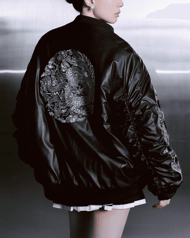Silver Dragon Embroidered Dragon Robe Faux Leather Unisex Bomber Jacket