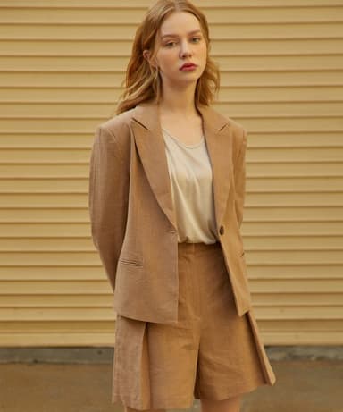 1Button Linen Short Jacket Dark-Beige