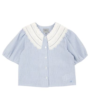 Sky blue striped short-sleeve collared blouse