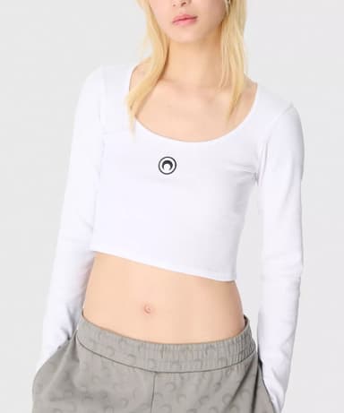 (W) Moon Logo Jersey Long Sleeve Round Neck Top White