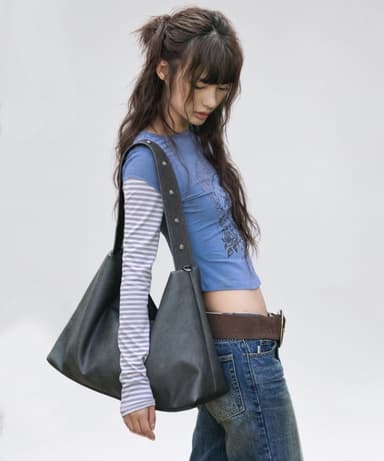 Rose Stud Big Shoulder Bag - Washed Black