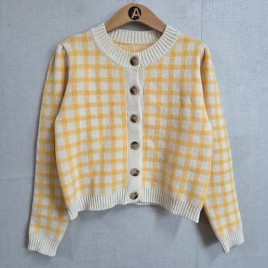 Women's Check Knit Cardigan Yellow F JJ4745